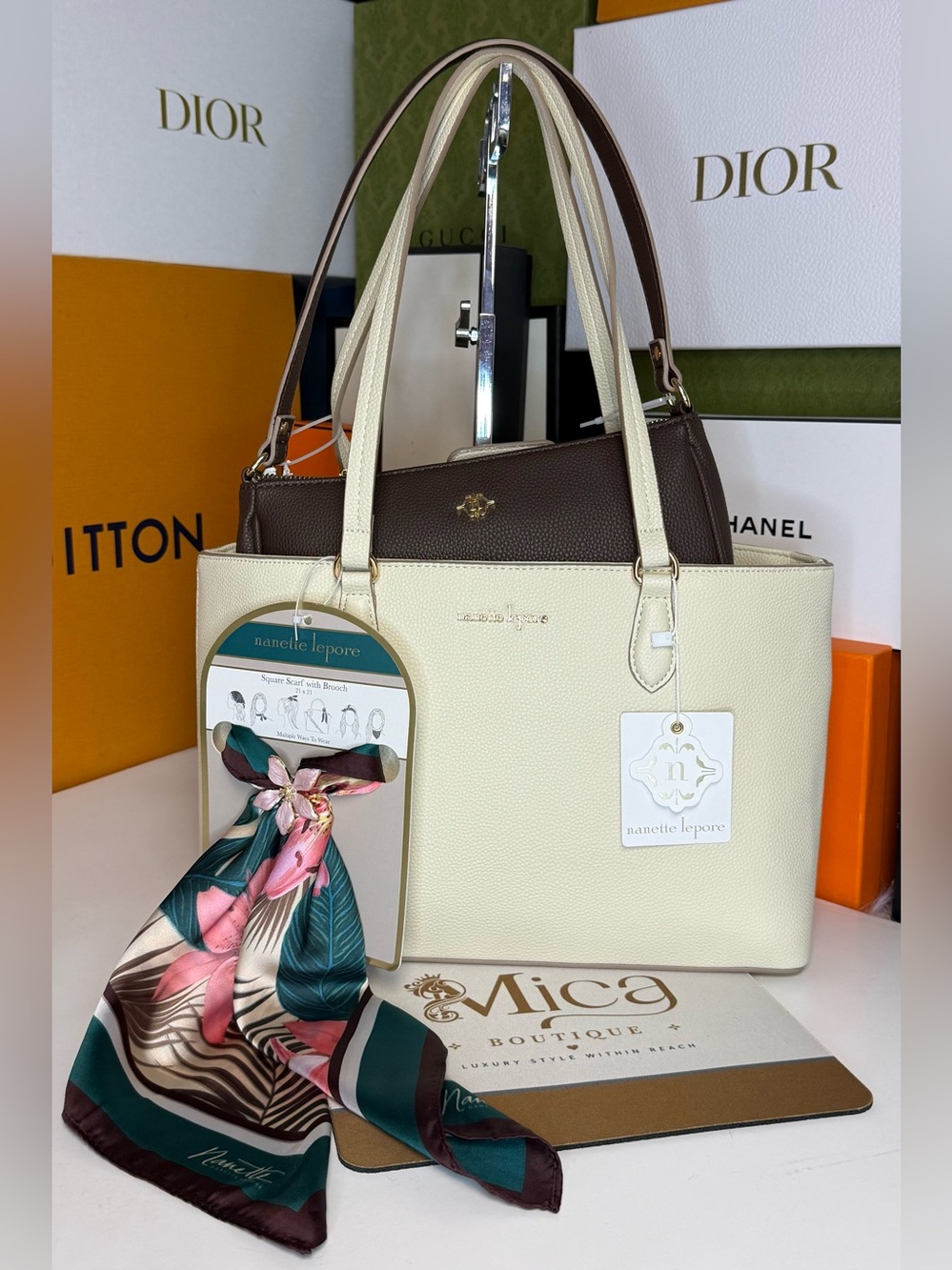 🆕NANETTE LEPORE Cream and Brown Two-Tone Tote Bag with Scarf ~Set of 3~